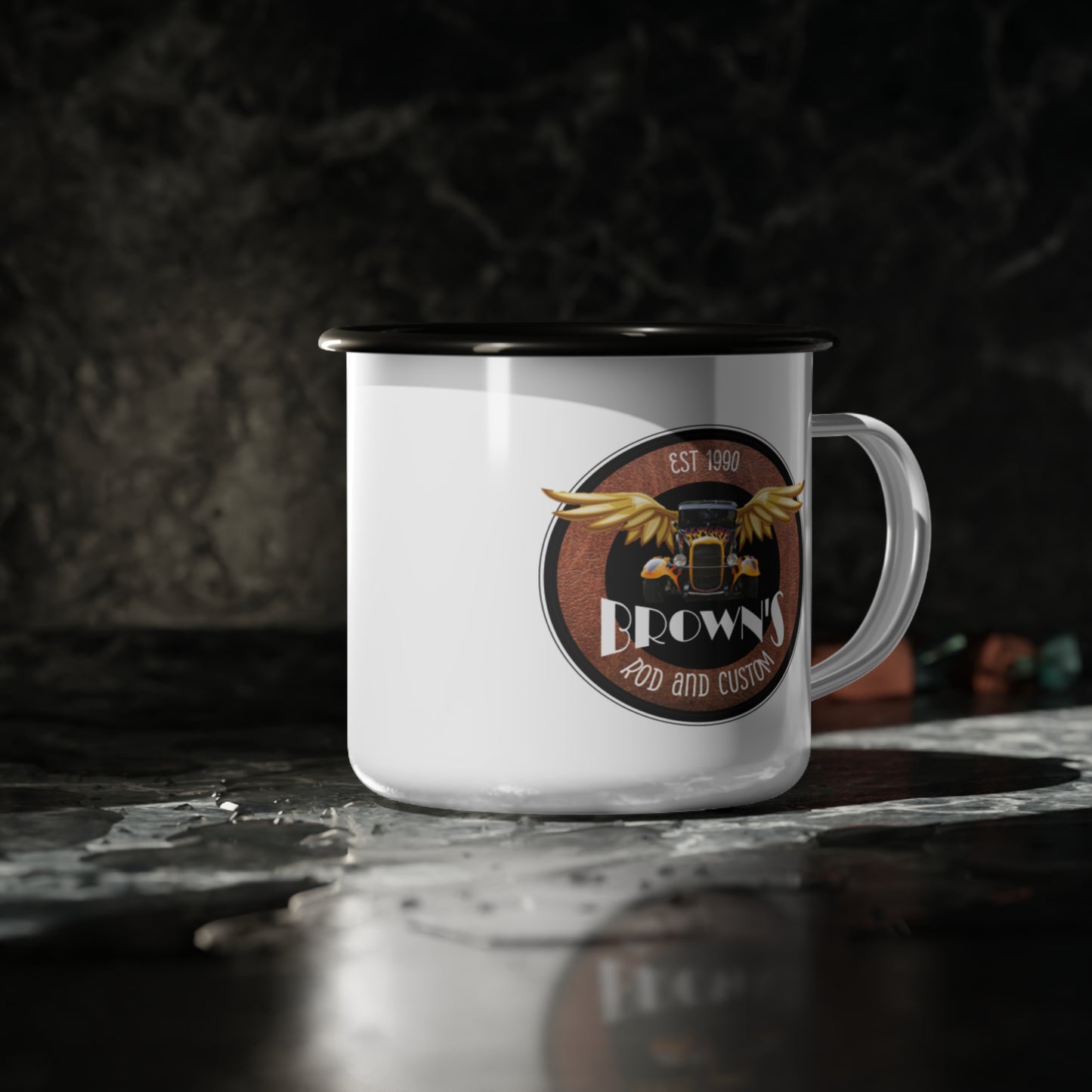 Original LOGO Brown's Rod and Custom Enamel Camp Mug
